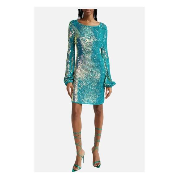 Retrofete NWT Tara Sequin Long Sleeve Crochet Mini Dress Turquoise Blue Green S - Picture 1 of 13